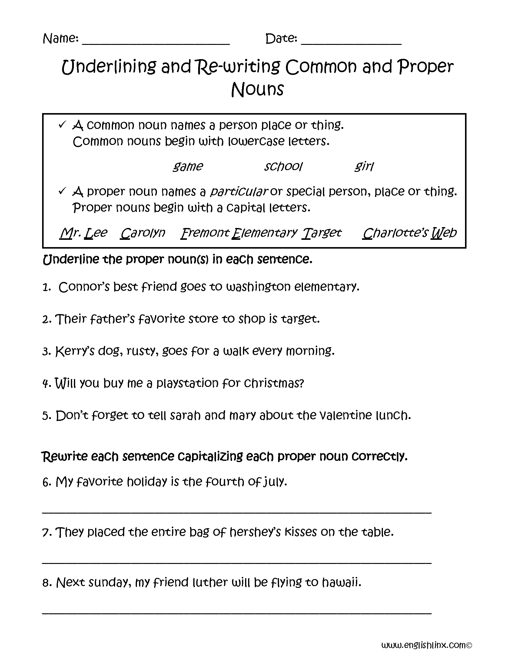 common and proper nouns worksheet 6th grade