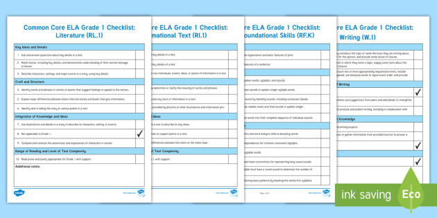 Common Core ELA First Grade Standards Checklist - Twinkl