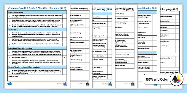 Common Core ELA Sixth Grade Standards Checklist - Twinkl
