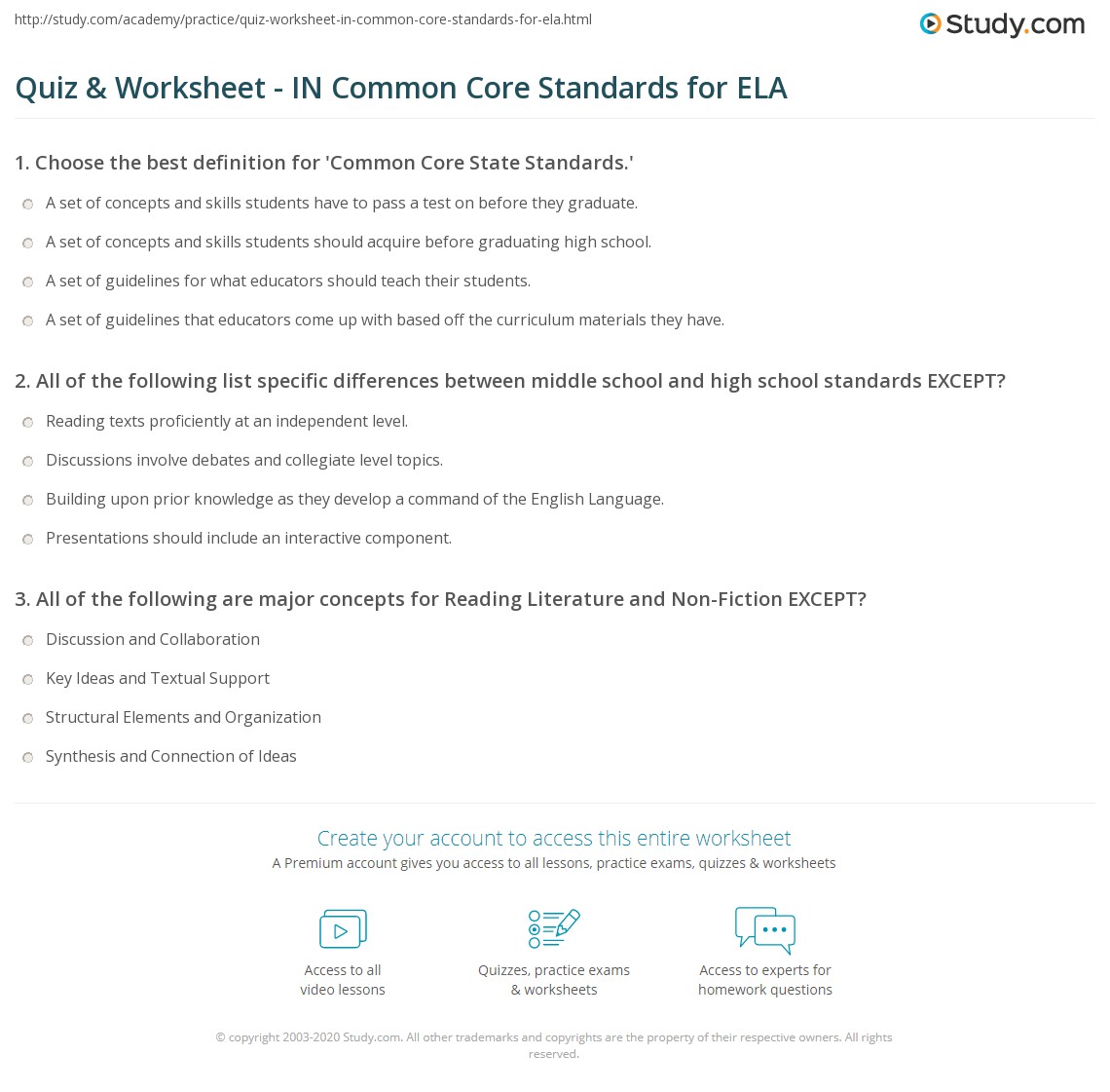 Quiz &  Worksheet - IN Common Core Standards for ELA | Study.com