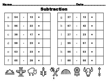 100 American Tribal Math Worksheets, Second Grade Subtraction up ...