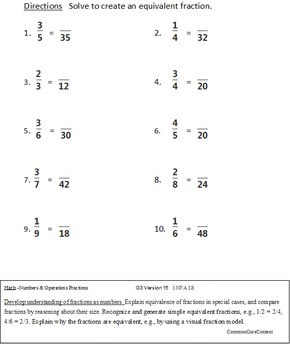 3.NF.A. Fractions Third Grade Common Core Math Worksheets Numbers ...
