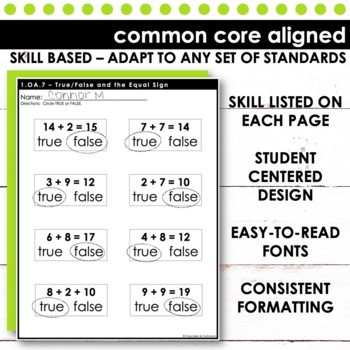 True or False and The Equal Sign Worksheets First Grade Math 1.OA.7