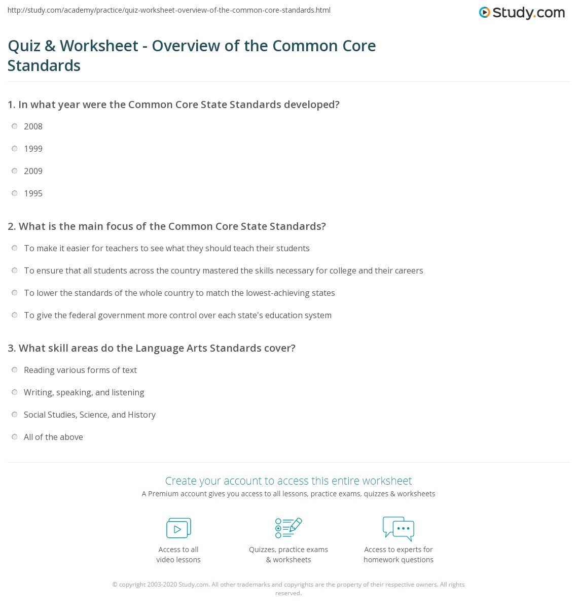 Quiz &  Worksheet - Overview of the Common Core Standards | Study.com