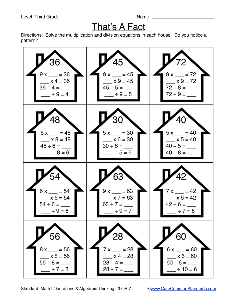 3.OA.7 Common Core Worksheet  