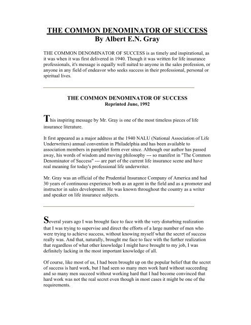 THE COMMON DENOMINATOR OF SUCCESS By Albert E.N. Gray