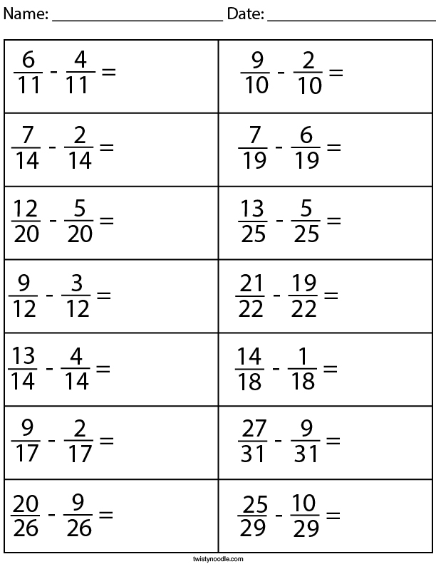 Subtracting Fractions with Common Denominator Math Worksheet ...