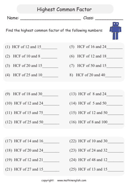 Worksheet on Highest Common Factor