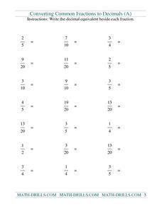 Converting Common Fractions to Decimals (A) Worksheet for 4th ...