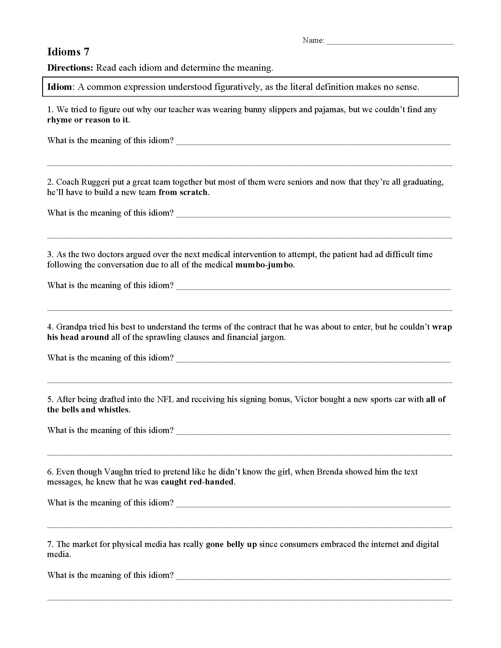 Idiom Worksheet 7 | Reading Activity