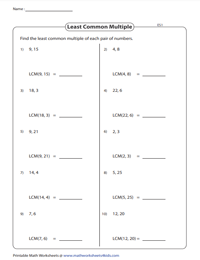 Least Common Multiple (LCM) Worksheets