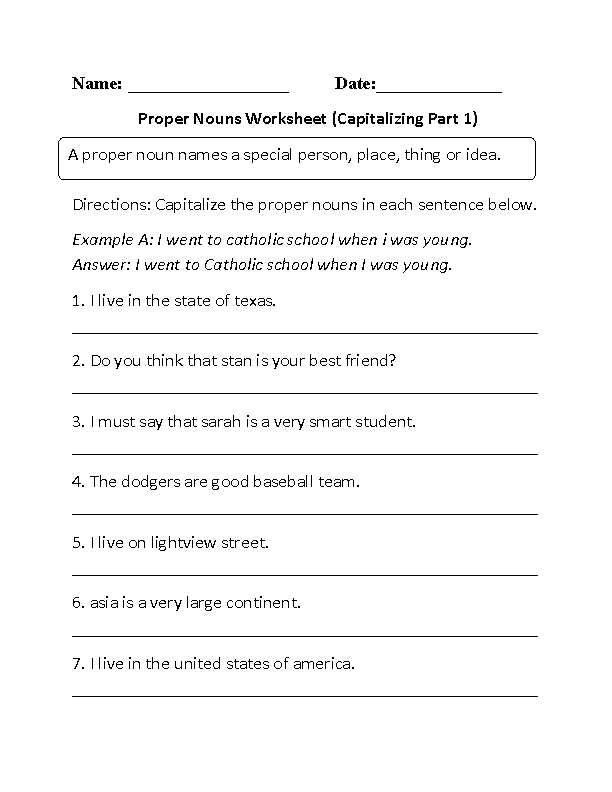 Proper and Common Nouns Worksheets | Practicing Proper Nouns Worksheet