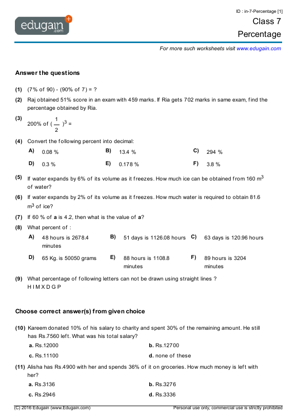 Grade 7 - Percentage | Math Practice, Questions, Tests, Worksheets ...