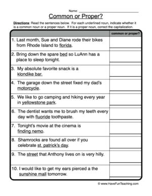 Identify Common or Proper Nouns Worksheet  