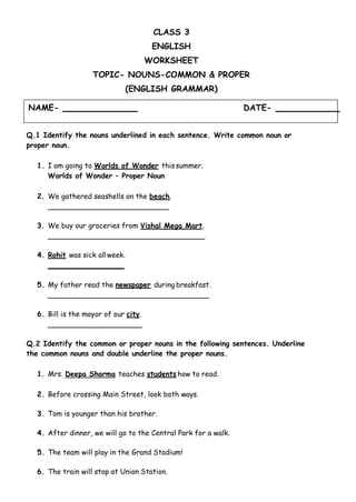 Class 3-English-Worksheet-Noun Common &  Proper (English Grammar) | PDF