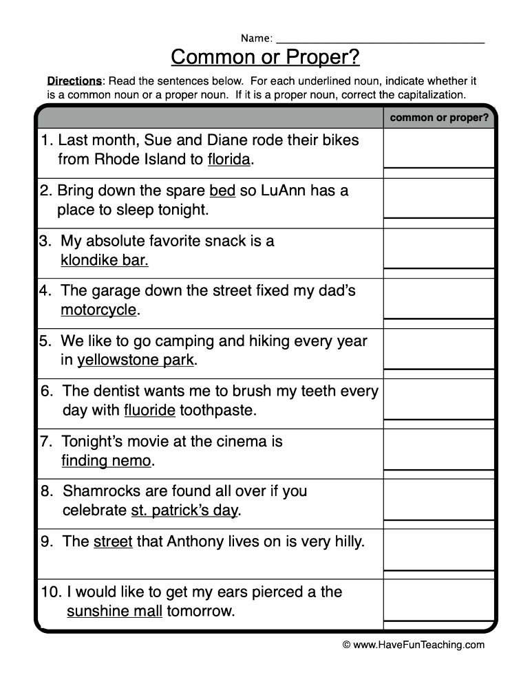 Identify Common or Proper Nouns Worksheet  