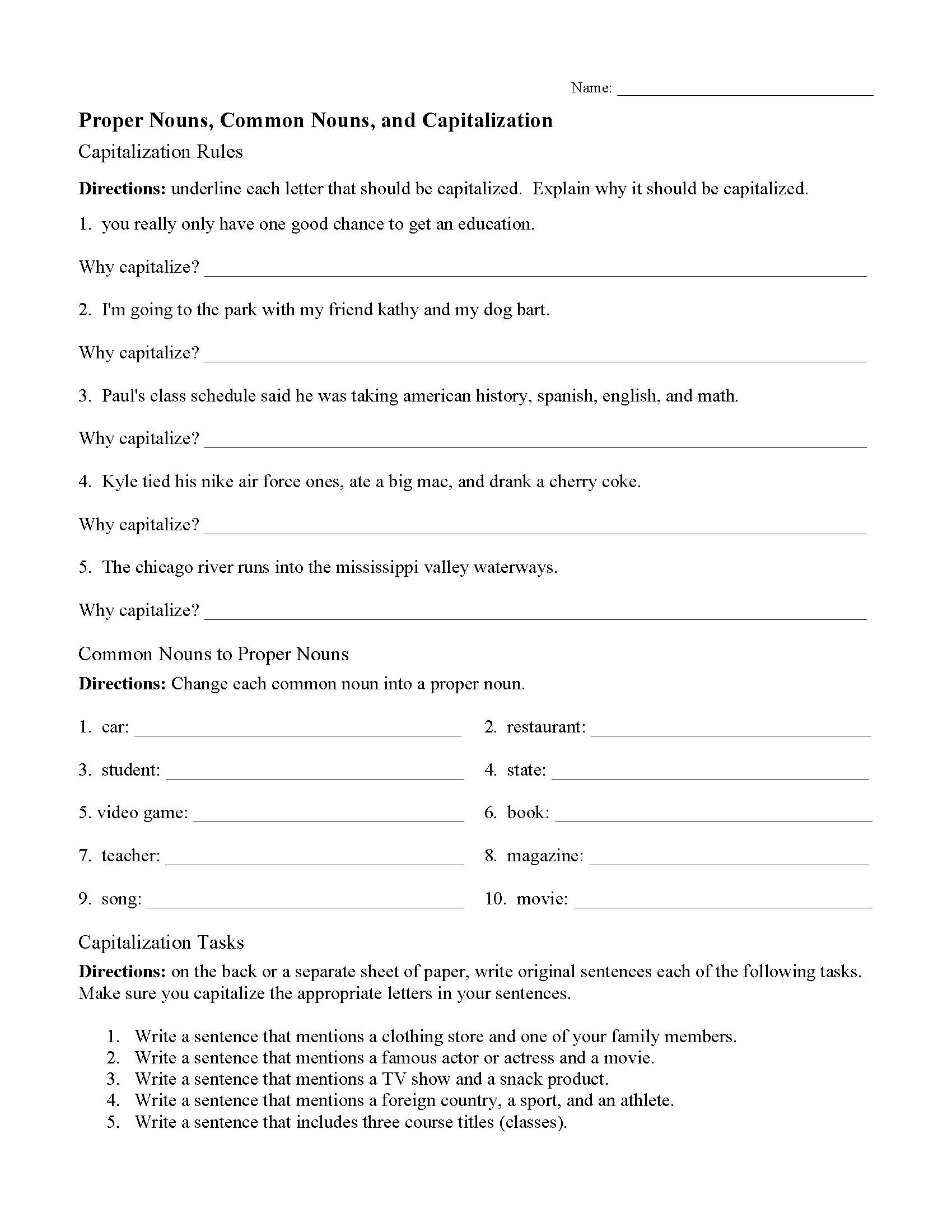 Common and Proper Nouns and Capitalization Worksheet | Grammar ...