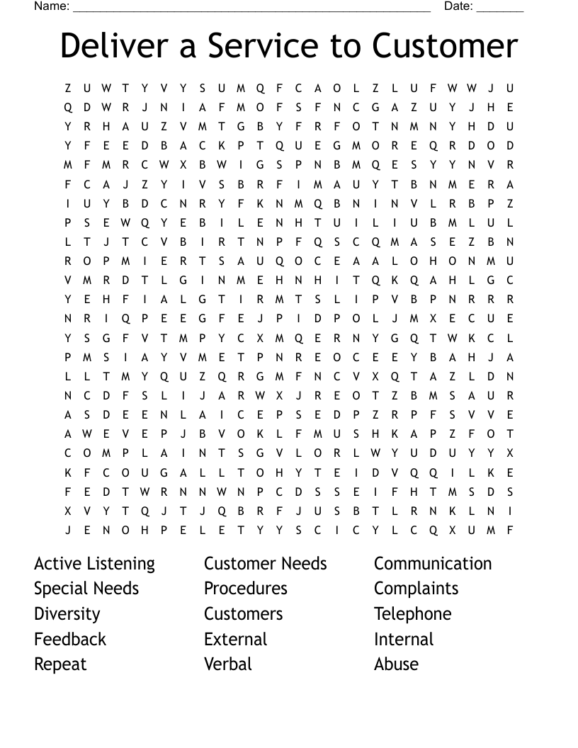 Deliver a Service to Customer Word Search WordMint Worksheets Library