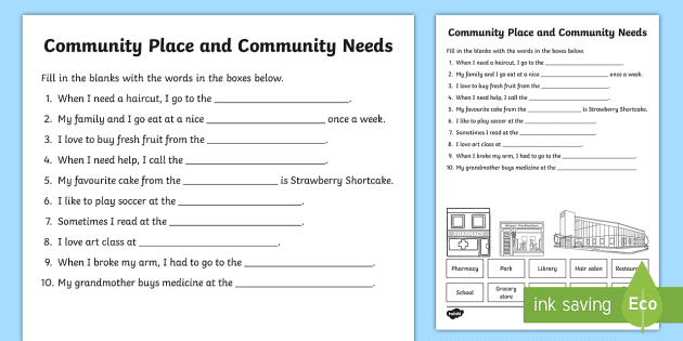 Community Places and Community Needs Fill in the Blanks Worksheet ...