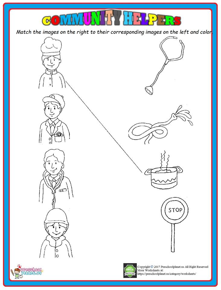 Community Helpers Matching Worksheet - Preschoolplanet