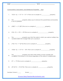 commutative associative distributive property worksheet