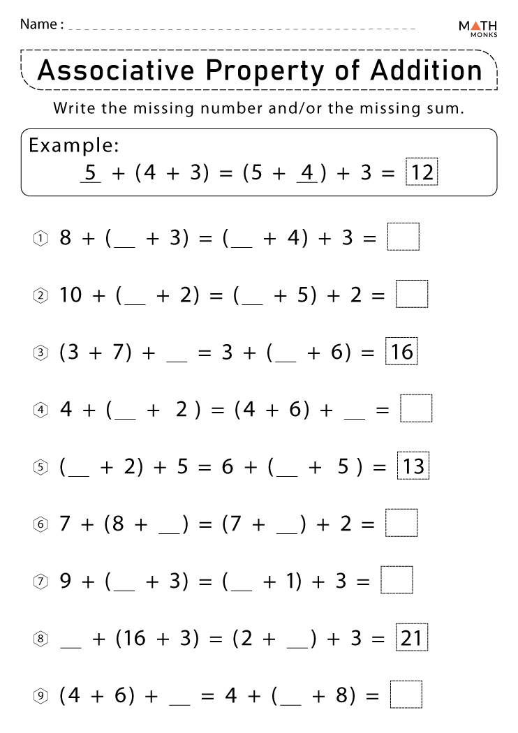 Associative Property of Addition Worksheets with Answer Key