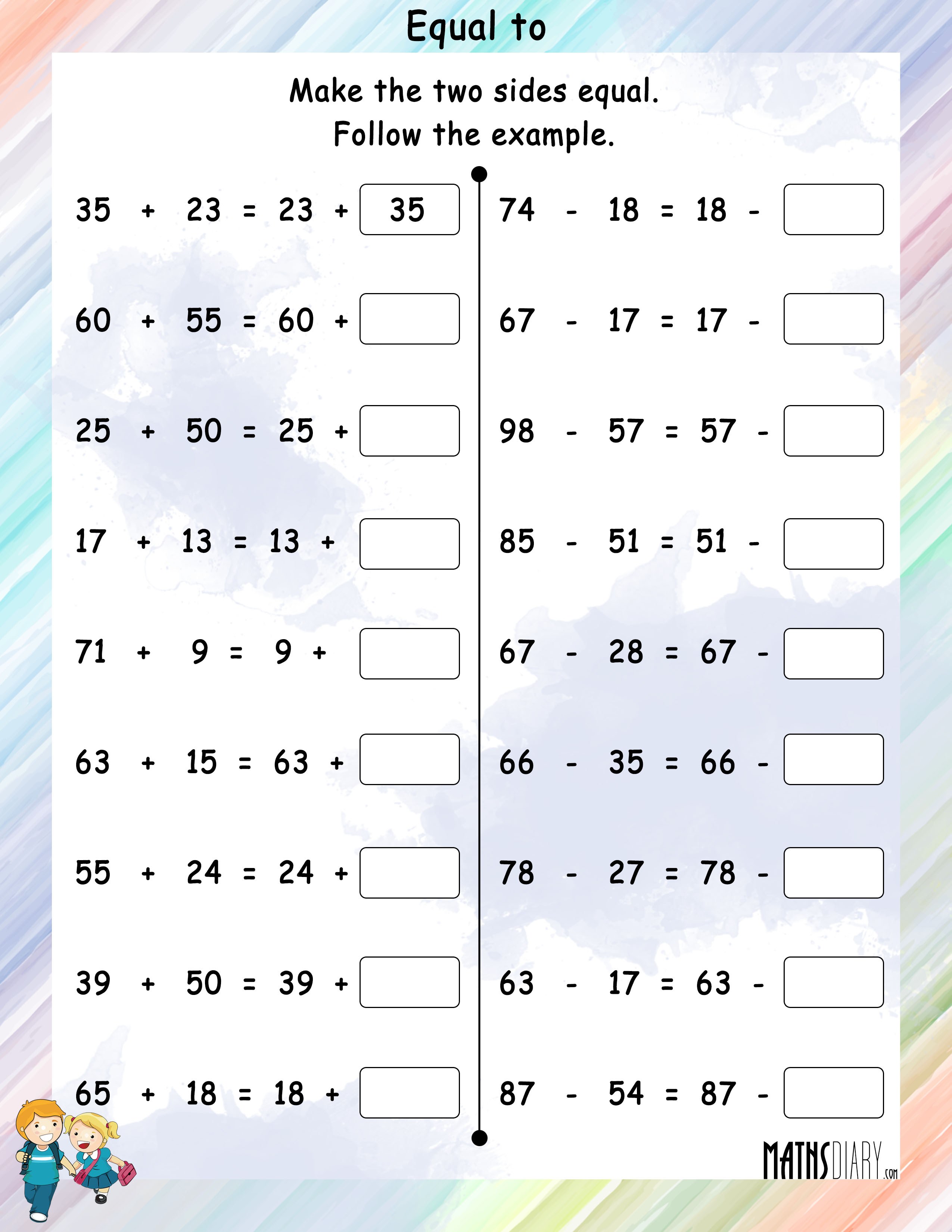 Make the two sides equal/Commutative property - Math Worksheets ...