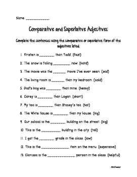 Comparative and Superlative Adjectives Worksheet by AllVolTeacher