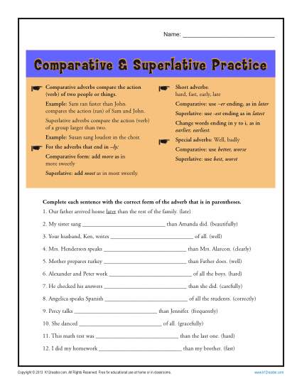 Comparative and Superlative Adverb Worksheets