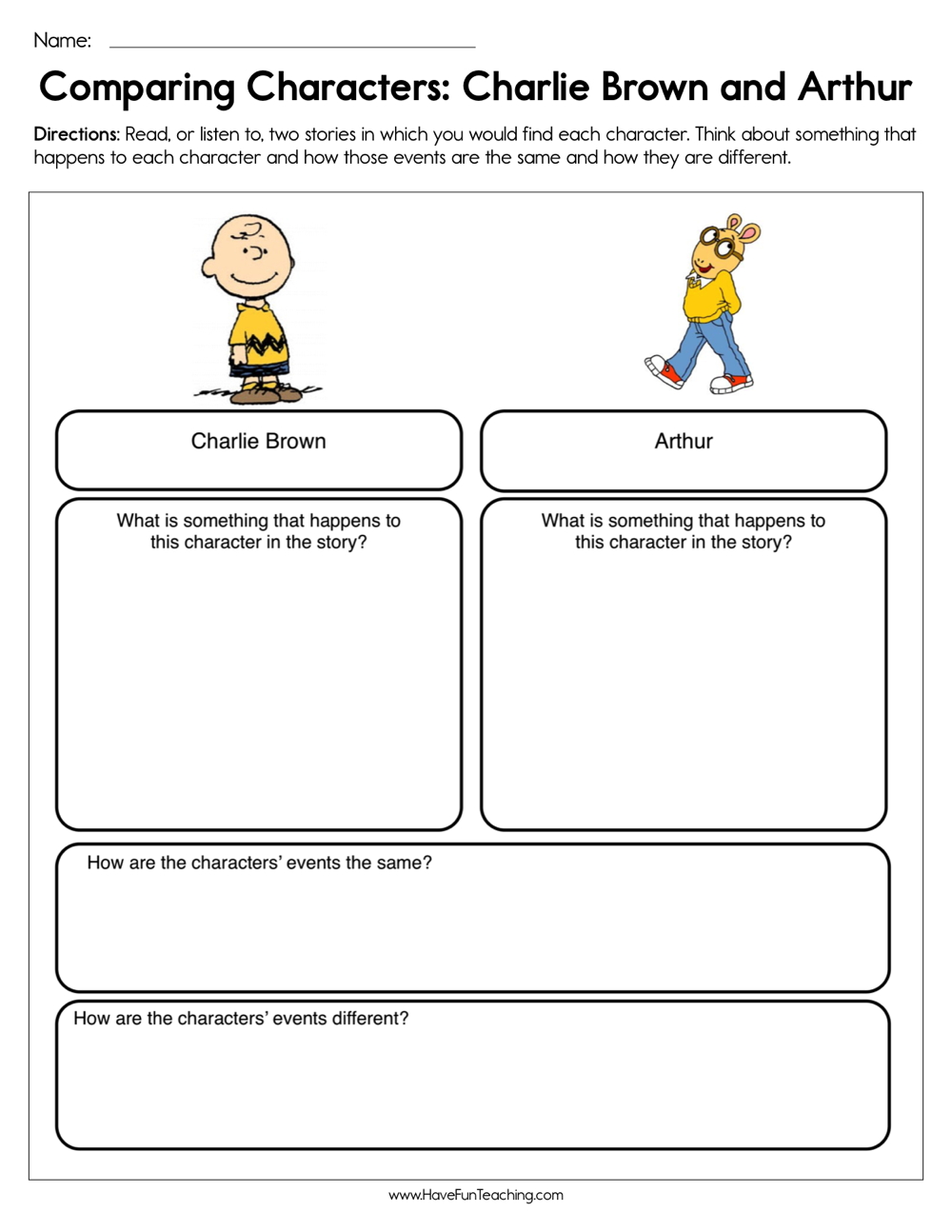 compare and contrast characters worksheet