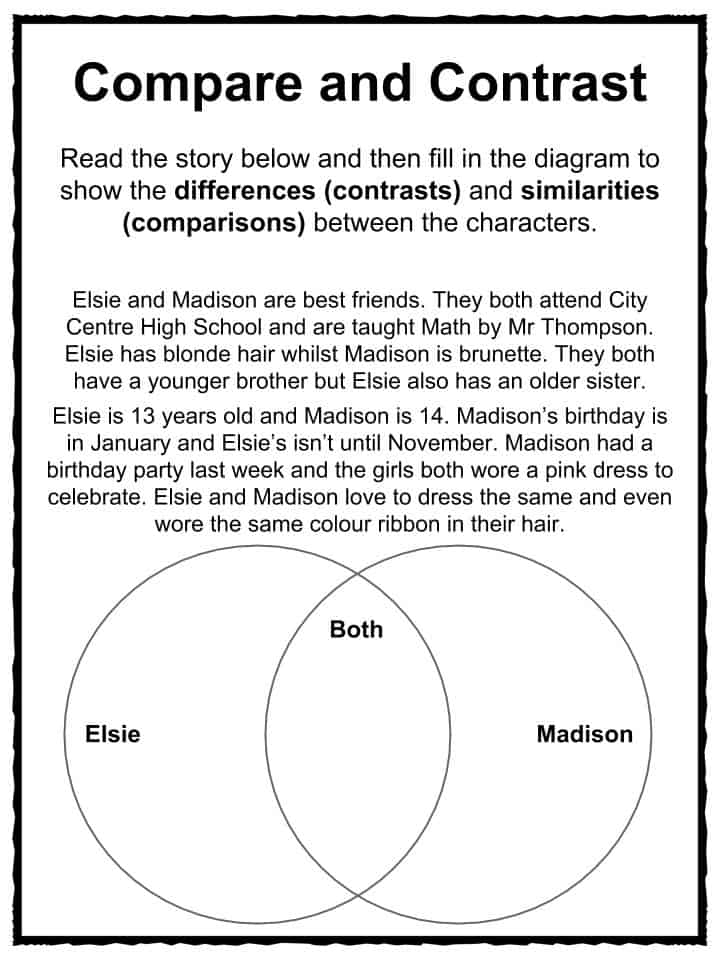 compare and contrast worksheet 6th grade