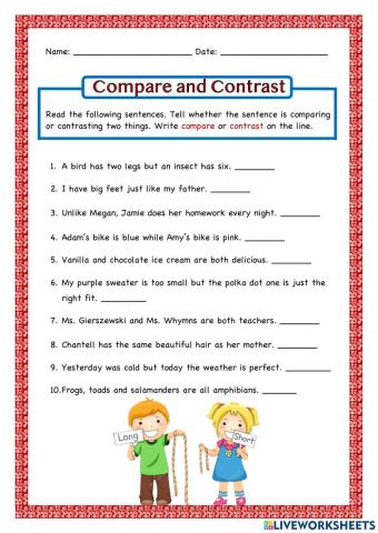 compare and contrast worksheet high school