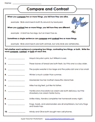compare and contrast worksheet pdf