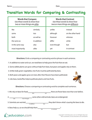 Transition Words for Comparing &  Contrasting | Worksheet ...