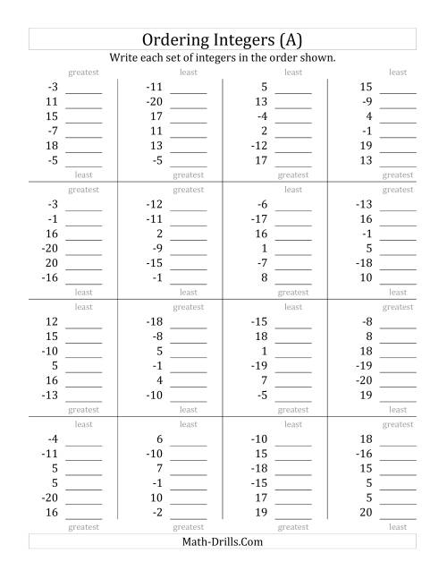 Ordering Integers (Range -20 to 20) (A)