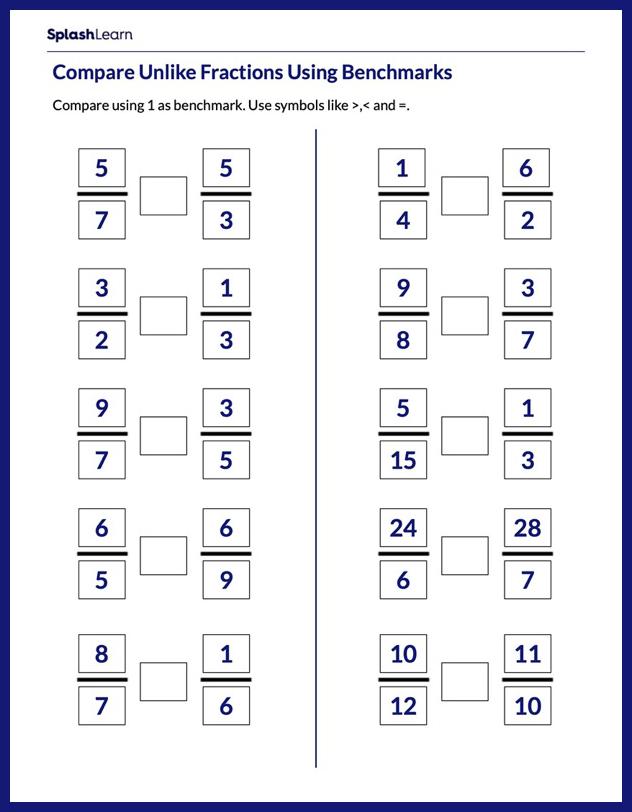 Compare Unlike Fractions using 1 as Benchmark - Math Worksheets ...