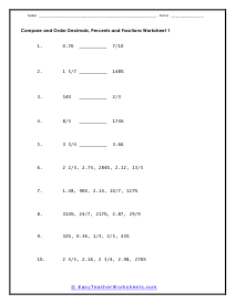 compare fractions decimals and percents worksheet
