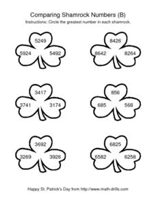 Comparing Shamrock Numbers (B) -- Four Digit Numbers Worksheet for ...
