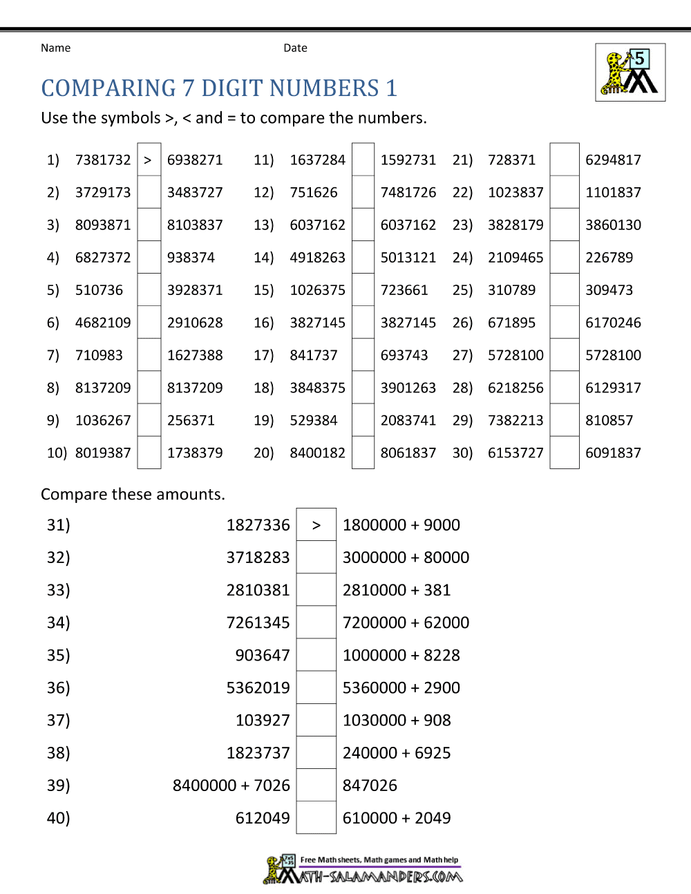Ordering Large Numbers 5th Grade