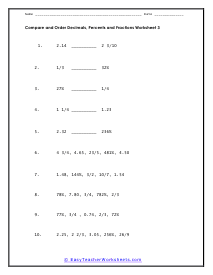 Compare and Order Decimals, Percents and Fractions Worksheets