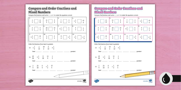 comparing and ordering fractions and mixed numbers worksheet