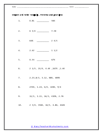 comparing and ordering fractions decimals and percents worksheet