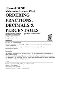 comparing and ordering fractions decimals and percents worksheet