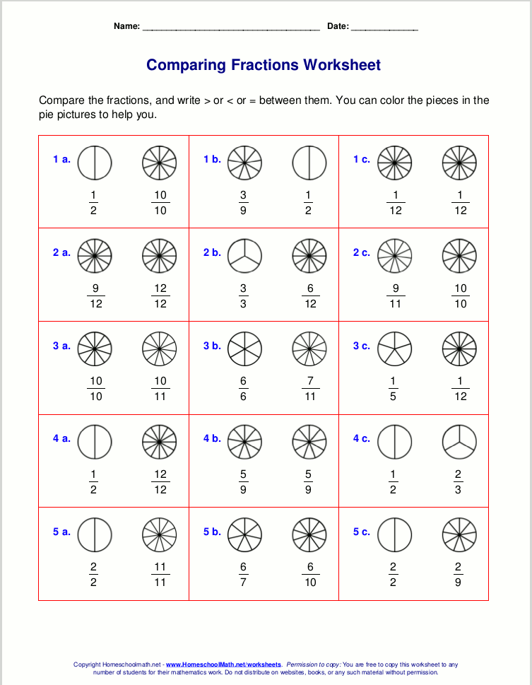 comparing and ordering fractions worksheet 4th grade