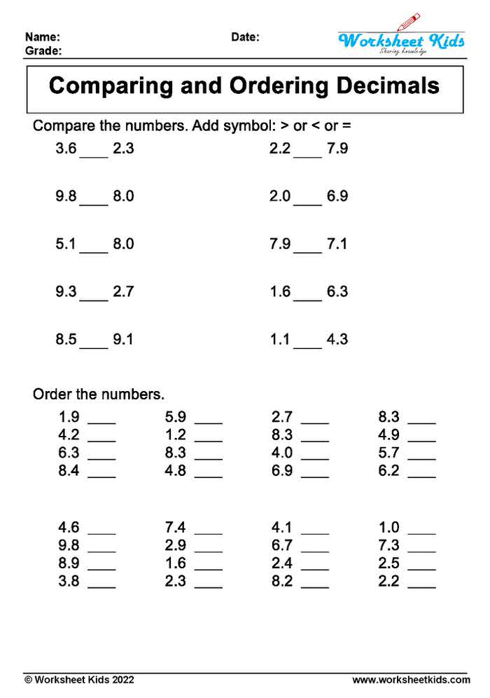 Comparing and Ordering Decimal Worksheets for Grade 4 &amp; 5