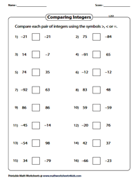 comparing and ordering integers worksheet 6th grade