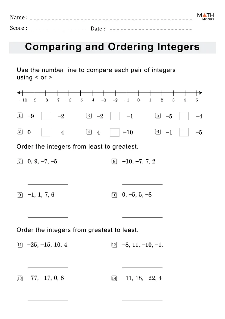 comparing and ordering integers worksheet pdf