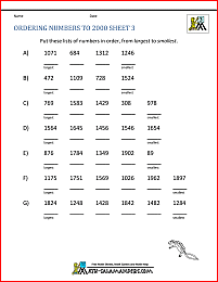Ordering 4 digit numbers worksheets 3rd grade
