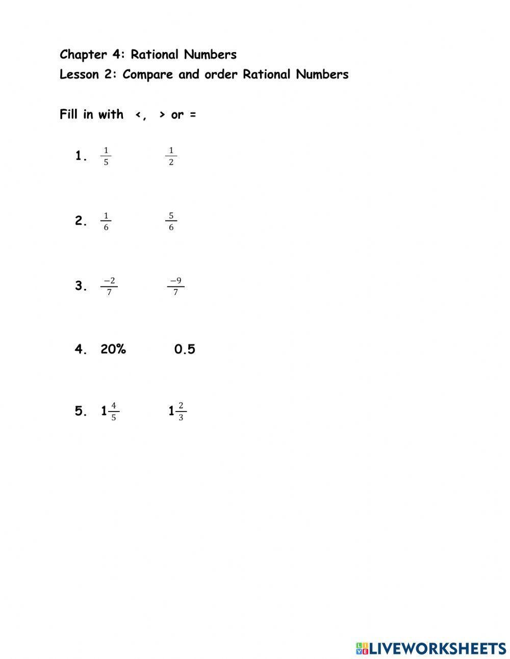 comparing and ordering rational numbers worksheet