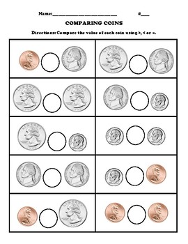 Comparing Coins Worksheet by Monica Villarreal | TPT